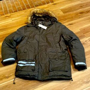 YGREYG LARGE WINTER SAFETY REFLECTOR STRIPS HOODED PUFFER COAT 24”WX32”L TIE BOT